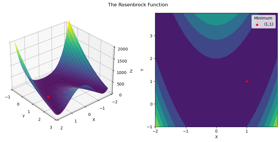 The Rosenbrock function and its minimizer.